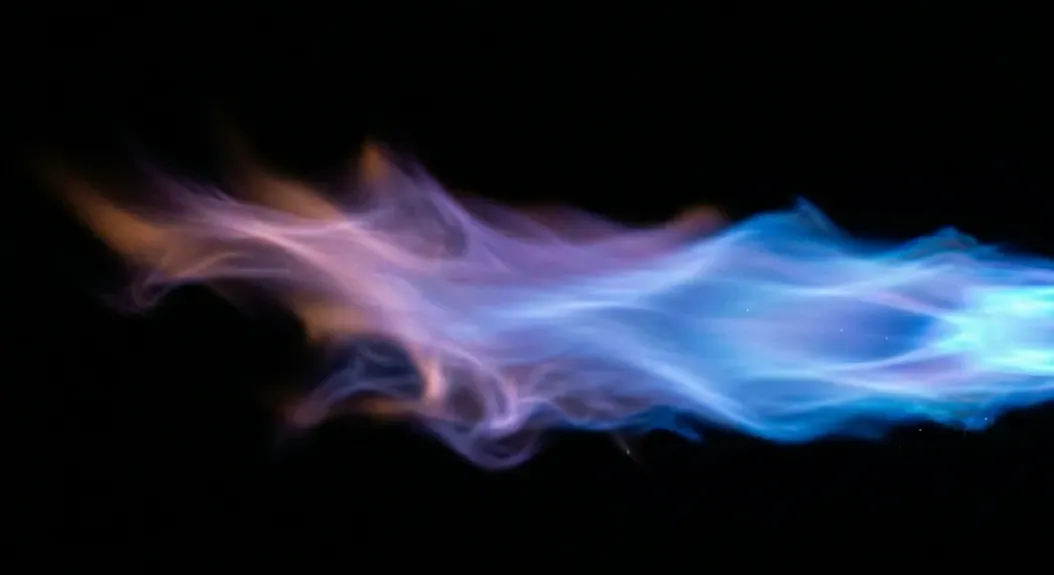 A glassworking torch flame in profile: vivid blue inner cones fading into violet and amber against a black background